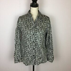 Chico's Button Shirt Blouse Sz 1 Womans M Black White Stretch Cotton Long Sleeve